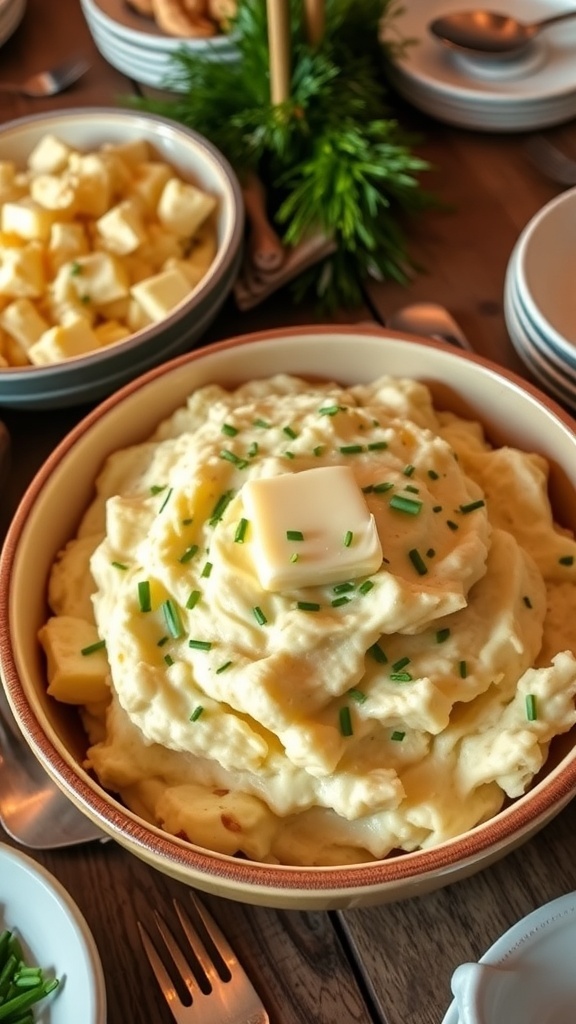 A large bowl of creamy mashed potatoes with butter and chives, set on a wooden table for serving.